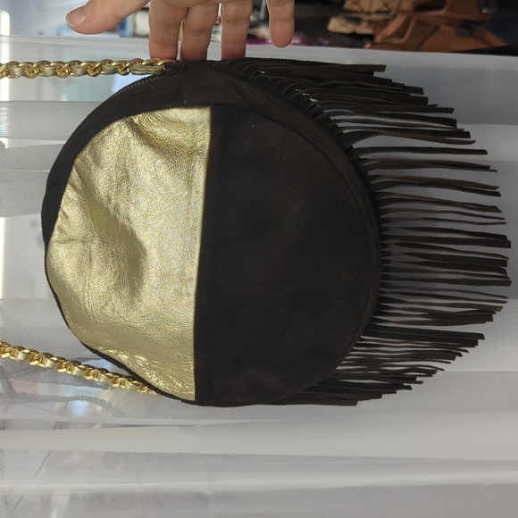 Meli Melo Rich Brown and Metallic Gold Suede Leather Fringe Crossbody - Picture 7 of 16